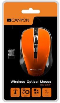 CANYON myš optická bezdrátová CMSW1, nastavitelné rozlišení 800/1000/1200 dpi, 4 tl, USB nano reciever, oranžová - VÝPRODEJ