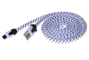Kabel micro USB 2.0, A-B 2m, plochý textilní kabel, černo-bílý - VÝPRODEJ