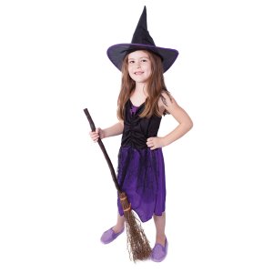 Dětský kostým čarodějnice fialová s kloboukem (S) e-obal - VÝPRODEJ