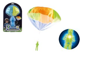 Parašutista figurka s padákem létající svítící látka/plast 12cm na baterie - mix variant či barev - VÝPRODEJ